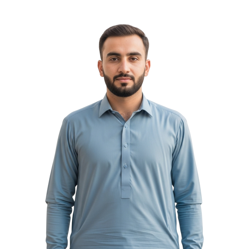 a young pakistani man with a beard wearing a blue kurta isolated on white background free png